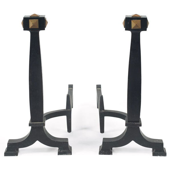 Bradley & Hubbard andirons: Bradley & Hubbard andirons, pair, in wrought iron with brass tack details at top, signed, 10"w x 21"d x 21"h, very good condition