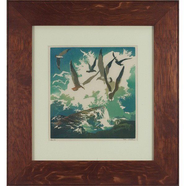 Eva A. Watson: Eva A. Watson (American, 1889-1948) "Gulls and Rocks," c. 1925, color linocut, 9" x 8.25", pencil signed and numbered, framed