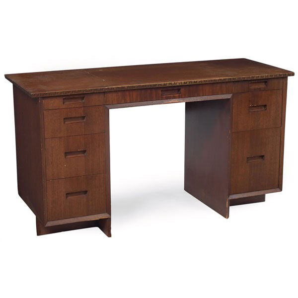 Frank Lloyd Wright desk, manufactured by Heritage: Frank Lloyd Wright desk, manufactured by Heritage Henredon, rectangular top with Taliesin design at edges, over a series of drawers with recessed handles, signed with red monogram, original finish, ed