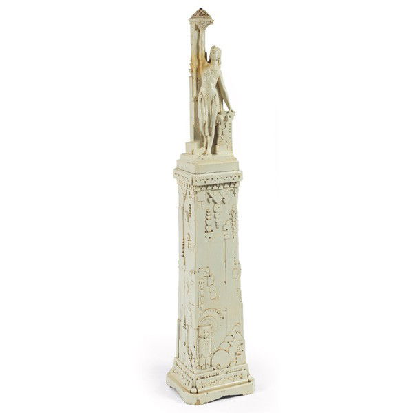 Northwest Terra Cotta lamp, Fritz Albert: Northwest Terra Cotta lamp, c.1920, modeled Art Deco design of semi-nude female figure draped in Deco skirting designed by Fritz Albert, rests on a large pedestal base designed by F. Moreau and displa