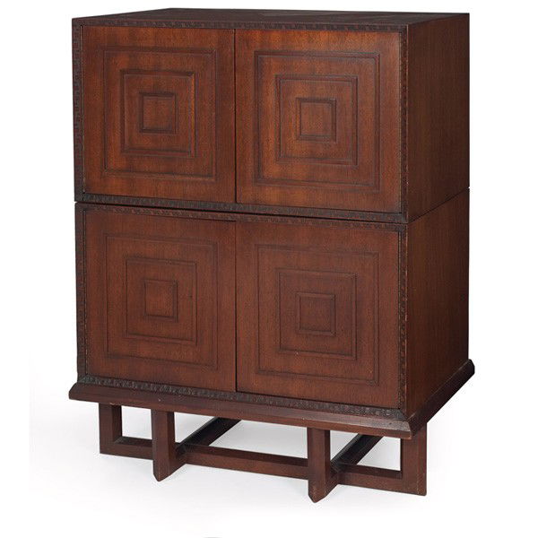 Frank Lloyd Wright stacking cabinets, Heritage Hen: Frank Lloyd Wright stacking cabinets, two on a cradle base, manufactured by Heritage Henredon, each has two-doors with concentric square design and one adjustable shelf, Taliesin design at edges, sign
