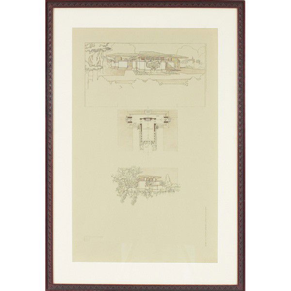 Frank Lloyd Wright Wasmuth print, Plate XLI: Frank Lloyd Wright Wasmuth print, Plate XLI, exterior elevations and floor plan for the W. H. Pettit Mortuary Chapel, Belvedere, Illinois, 1906, embossed monogram, 25" x 16", framed
