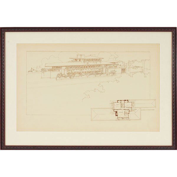 Frank Lloyd Wright Wasmuth print, Plate XXXVII: Frank Lloyd Wright Wasmuth print, Plate XXXVII, exterior elevation and floor plan for the Frederick C. Robie Residence, Chicago, Illinois, 1906, embossed monogram, 16" x 25", framed
