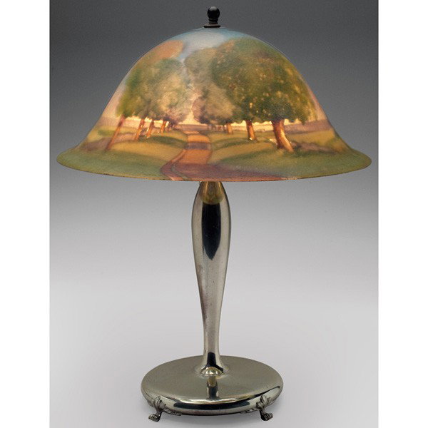 Pairpoint lamp: Pairpoint lamp, reverse painted shade, landscape design with a winding path, held by a silver-plated metal base, shade signed, overall: 16"w x 20"h, chip to rim of shade