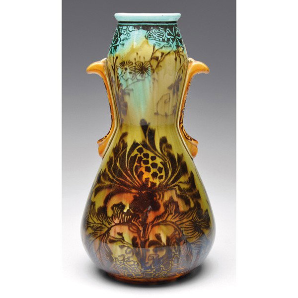 Minton vase: Minton vase, double gourd shape with two applied buttresses, painted stylized floral designs in black on a turquoise, green, yellow and brown background, marked, #3323, 5.5"w x 11"h
