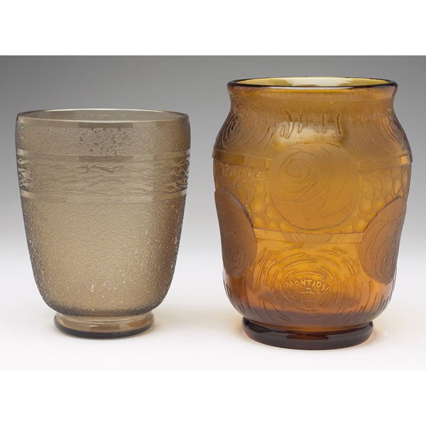 Schneider vase: Schneider vase, smokey glass with an etched textured surface, 4.75"w x 6"h; with a Mont Joye vase, amber glass with a rose design, cut into a textured surface, 5.5"w x 7"h, both marked