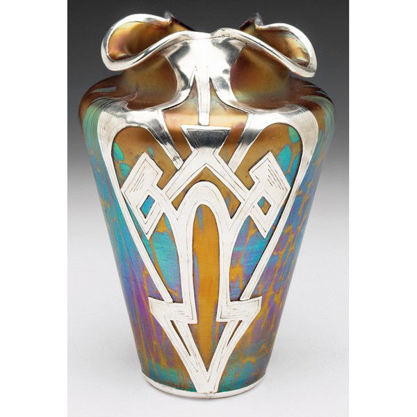 Loetz Medici vase: Loetz Medici vase, shouldered shape, colorful iridescent glass with applied silver overlay, unsigned, 5"w x 7.5"h