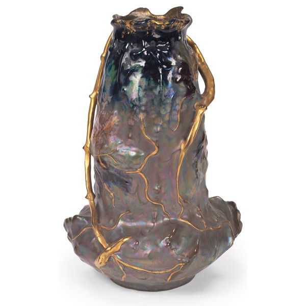 Amphora vase, by the Ernst & Wahliss Co.: Amphora vase, by the Ernst & Wahliss Co., organic shape with raised branches, in gold, covered in an iridescent metallic glaze, Vienna, signed and numbered 8390, 7"w x 10"h