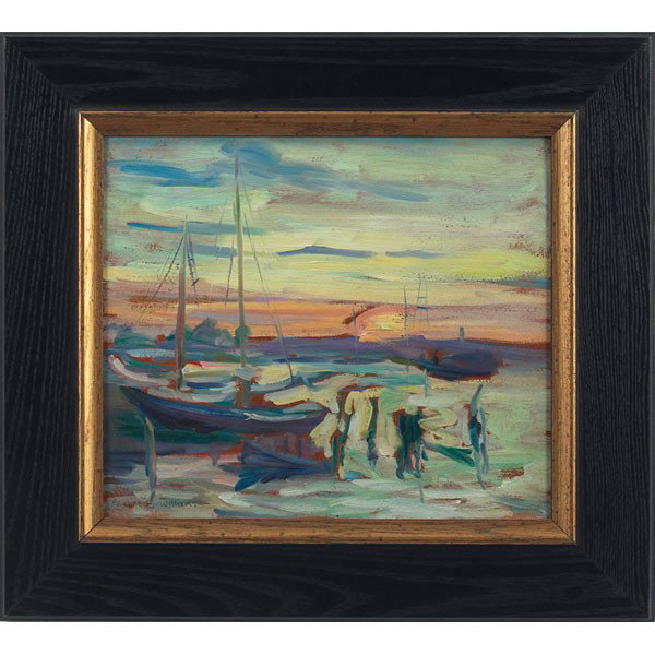 Pauline Bliss Williams: Pauline Bliss Williams (American, 1888-1962) "Sunset - Gloucester Harbor," 1932, oil on board, 12" x 14", signed lower left, titled and dated on verso, framed