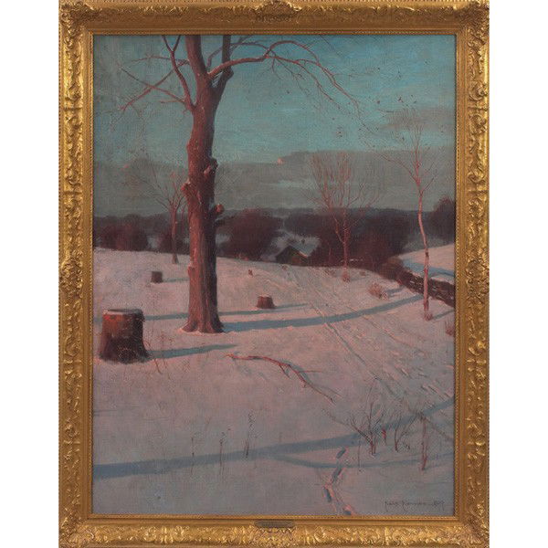 Svend Rasmussen Svendsen: Svend Rasmussen Svendsen (American/Norwegian, 1864-1945) "In Glow and Shadow Wrapt," 1899, oil on canvas on masonite, 42" x 32", signed and dated lower right, titled on verso, framed