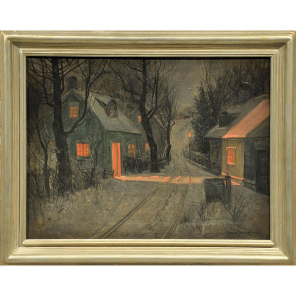Svend Rasmussen Svendsen: Svend Rasmussen Svendsen (American/Norwegian, 1864-1945) "Cabins at Night," c. 1910, oil on canvas, 18" x 24.25", signed lower right, framed