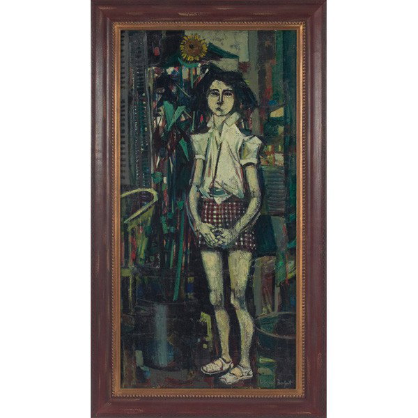 Vernet Bonfort: Vernet Bonfort (French, 20th century) "L'Enfant Laid," c. 1955, date, oil on canvas, 39.5" x 19.5", signed lower right, signed and titled on verso, framed