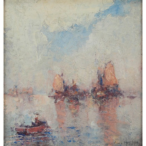 John Clifford Huffington: John Clifford Huffington (American, 1864-1929) "Boats in Harbor," c. 1900, oil on board, 11.5" x 11", signed lower right, framed