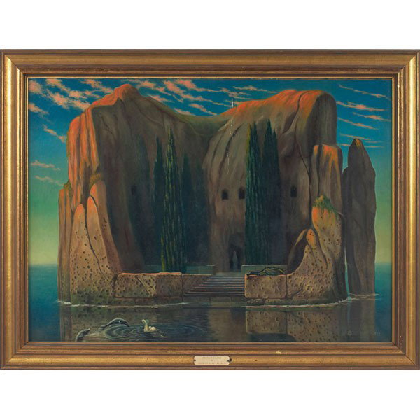 Jacques Hans Gallrein: Jacques Hans Gallrein (American, 1888-1978) "Isle of Forgetfulness," 1933, oil on canvas, 26" x 36", signed and dated lower right, titled on verso, framed