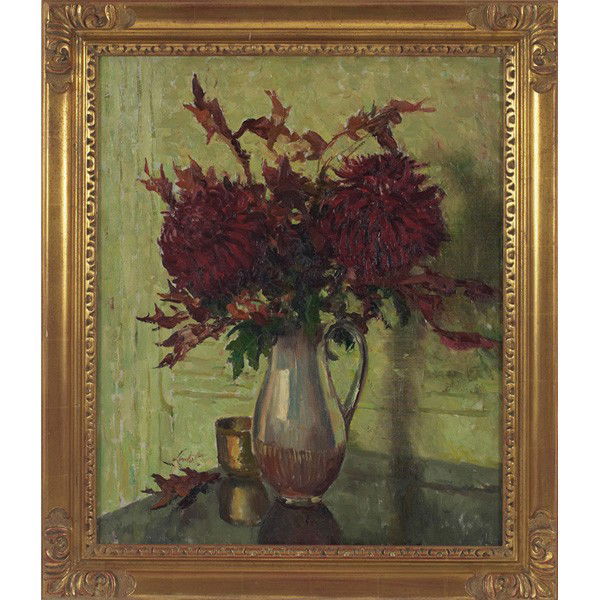 Edward Barnard Lintott: Edward Barnard Lintott (American, 1875-1951) "Dark Red Chrysanthemums," c. 1910, oil on canvas, 24" x 20", signed lower left, titled on verso, framed