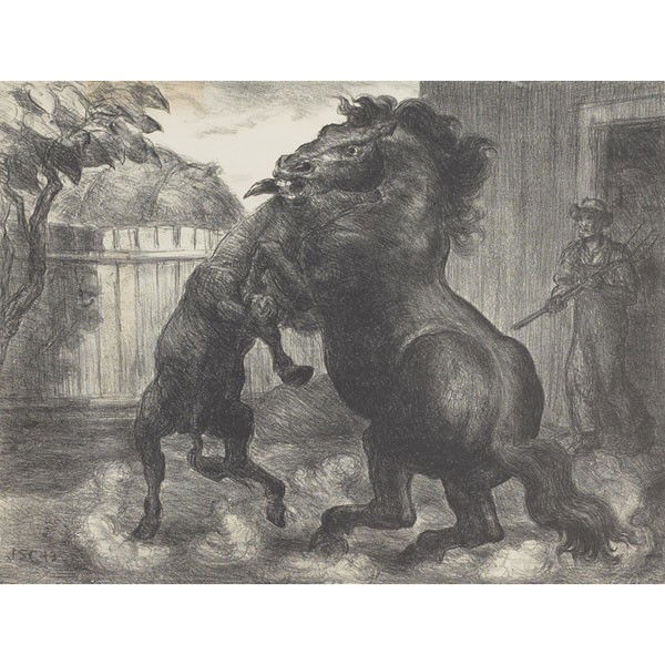 John Steuart Curry: John Steuart Curry (American, 1897-1946) "Stallion and Jack Fighting," 1943, lithograph, 11.75" x 15.5", pencil signed, edition of 250, unframed