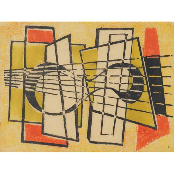 Werner Drewes: Werner Drewes (American/German, 1899-1985) "Black Curve on Yellow Horizontally," 1938, woodcut, 5.75" x 8", signed and dated, unframed