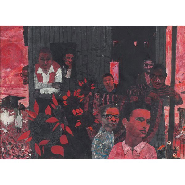Walter Henry Williams: Walter Henry Williams (African-American, 1920-1998) "Reunion," c. 1960, gouache, 18" x 24.75", signed lower right, titled on Roko Gallery label on verso, framed