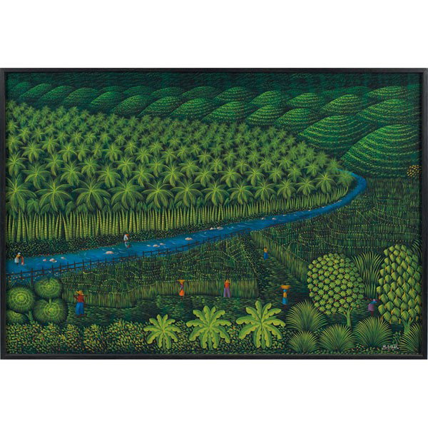Henri Robert Bresil: Henri Robert Bresil (Haitian, 1952-1999) "Harvest Landscape," c. 1980, oil on canvas on board, 48" x 70", signed lower right, framed
