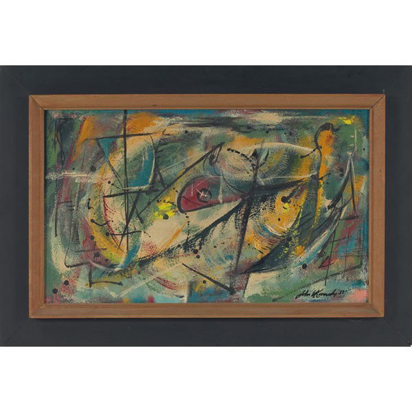 John William Kennedy: John William Kennedy (American, 1903-1996) "Abstract," 1951, oil on board, 18" x 30", signed and dated lower right, framed