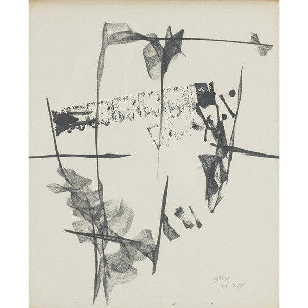 Franco Garelli: Franco Garelli (Italian, 1909-1973) "Abstract Composition," 1960, ink drawing, 16" x 13.5", pencil signed and dated, framed