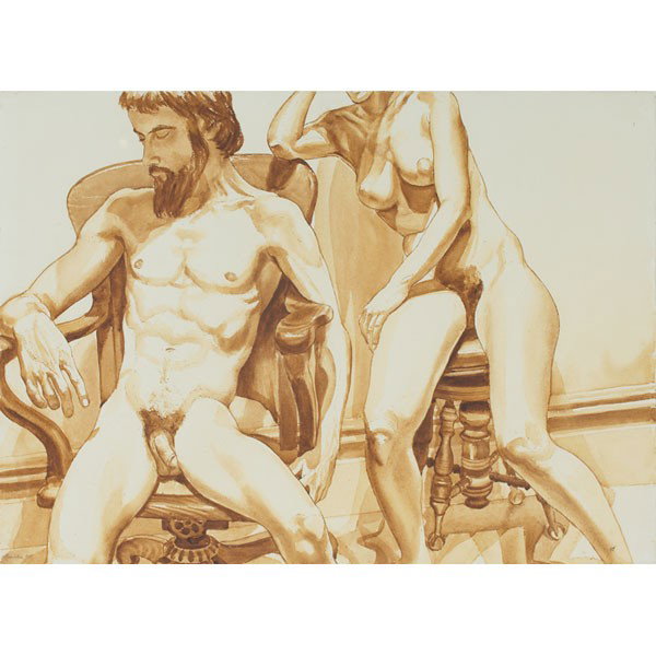 Philip Pearlstein: Philip Pearlstein (American, b. 1924) "Seated Male and Female Models on Office Chair and Piano Stool," 1975, watercolor, 29.25" x 41", signed and dated lower left, titled on Donald Morris Gallery labe