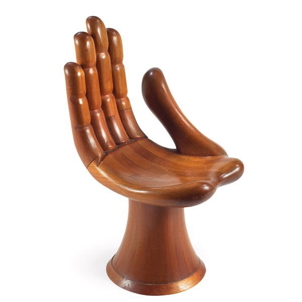 Pedro Friedeberg Hand chair: Pedro Friedeberg Hand chair, Mexico, carved mahogany, pedestal base, two views shown, burned signature along bottom edge "Pedro Friedeberg", original finish, 20"w x 22"d x 33.5"h, very good original c