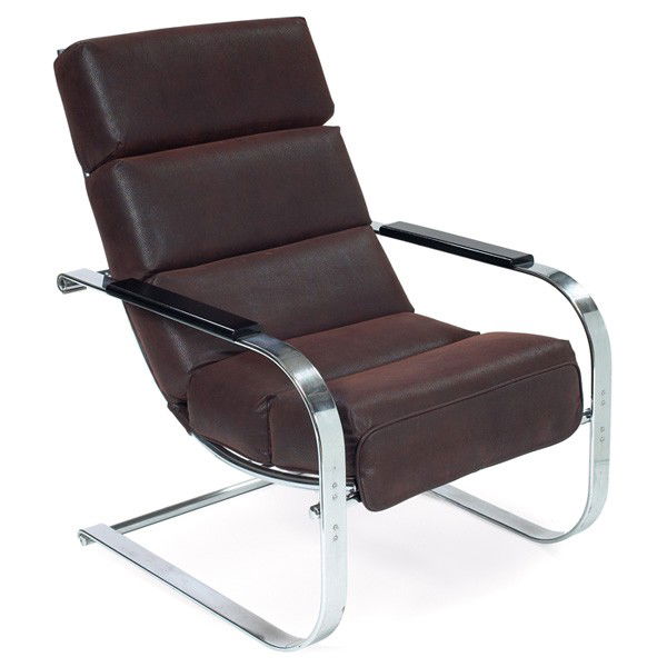 Gilbert Rohde lounge chair, by Troy Sunshade: Gilbert Rohde lounge chair, by Troy Sunshade, cantilevered flat-banded chrome-plated steel frame, nicely restored, textured vinyl upholstery, 27.5"w x 34"d x 37"h, excellent condition