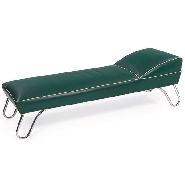 K.E.M. Weber daybed, by Lloyd: K.E.M. Weber daybed, by Lloyd, tubular chromed steel frame, original green vinyl with white piping, signed with Lloyd labels, 27"w x 74"l x 22"h, very good original condition