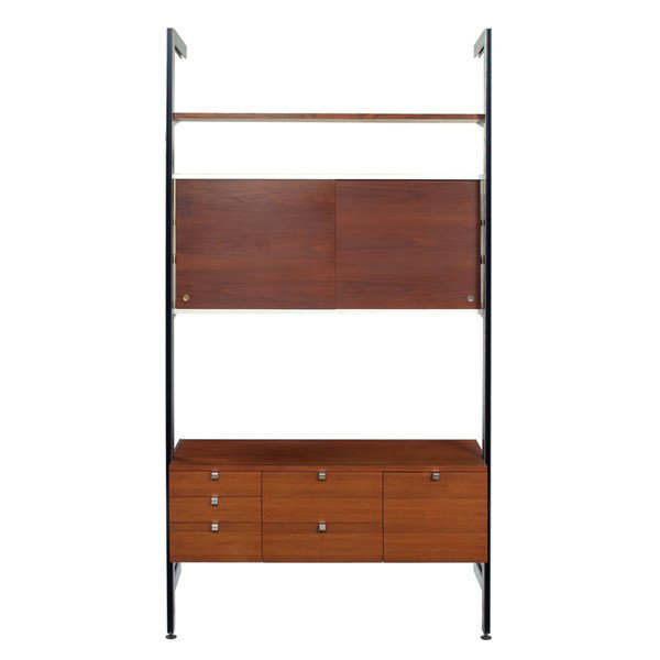 George Nelson CSS wall unit, by Herman Miller: George Nelson CSS wall unit, by Herman Miller, single bay, walnut, two-door unit with two shelves, lower cabinet with file drawer and six smaller drawers with original pulls, one shelf, aluminum trim,