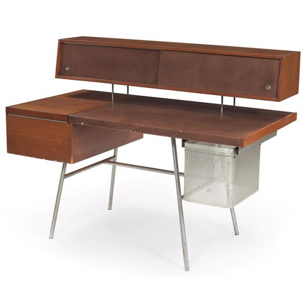 George Nelson Home Office desk, by Herman Miller, : George Nelson Home Office desk, by Herman Miller, no. 4658, 1950s, walnut, original inset leather work surface, floating organizer, brushed steel legs and perforated file basket, 54"w x 28"d x 40.75"h