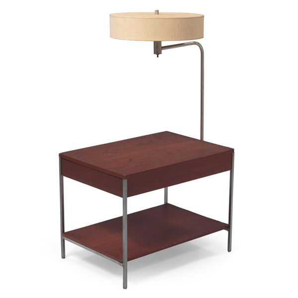 George Nelson end table, by Herman Miller: George Nelson end table, by Herman Miller, teak, one drawer and one shelf in a steel frame, attached lamp with original shade, original finish, 24"w x 17"d x 18.5"h, lamp is 42.5"h, very good original