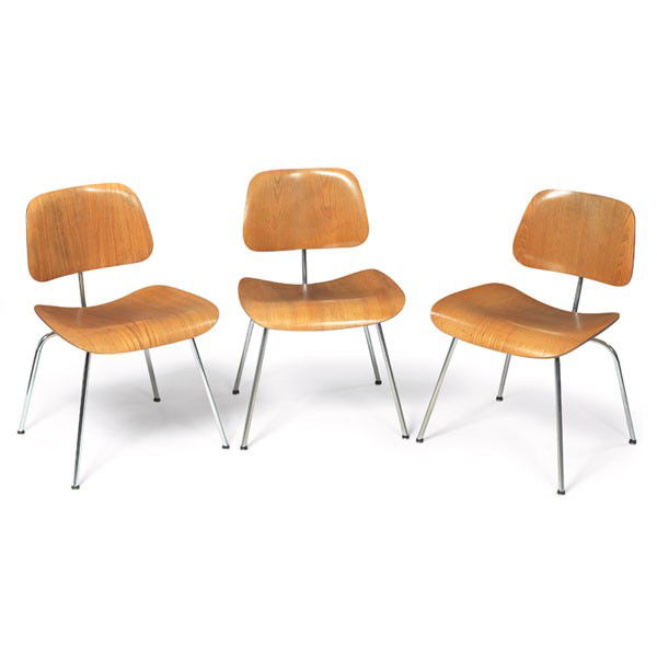 Charles & Ray Eames DCMs, three, by Herman Miller: Charles & Ray Eames DCMs, three, by Herman Miller, molded ash plywood, early screw-on glides, one dates to 1948 with an Evans/Herman Miller label, one dates to 1950 with a "DCM" stamp, and one dates t