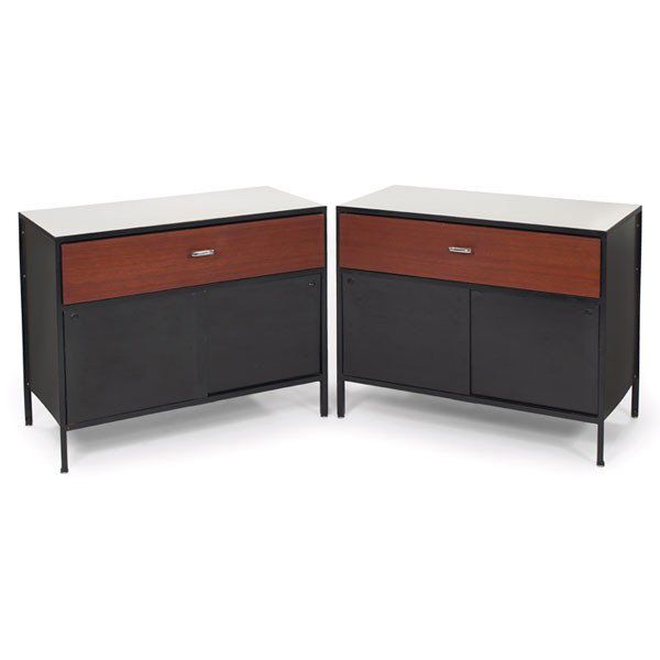 George Nelson Steelframe cabinet, pair, by Herman : George Nelson Steelframe cabinet, pair, by Herman Miller, black enameled steel frames, each with one walnut drawer front, white laminate top and original drawer pulls, dark gray sides, sliding doors, 