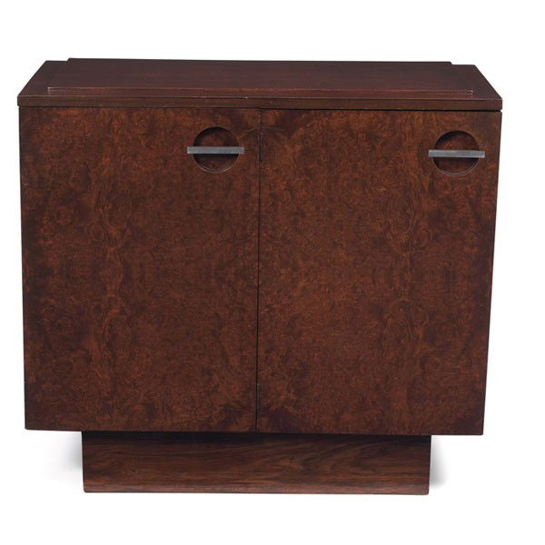 Gilbert Rohde Formal Dining Group server cabinet,: Gilbert Rohde Formal Dining Group server cabinet, by Herman Miller, 1940s, Maidou burl and mahogany case over a rosewood base, two doors with round cutouts with horizontal nickel bar, one adjustable s