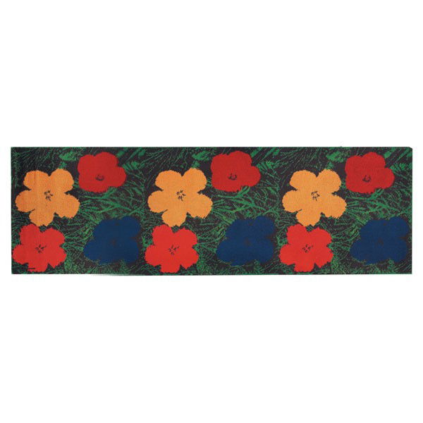 Andy Warhol "Flowers" runner, by Ege Rya, Denmark: Andy Warhol "Flowers" runner, by Ege Rya, Denmark, red and blue flowers on green grass, labeled "Andy Warhols Flowers Red/Blue 1966 Made in Denmark by Ege Axminster A/S", dated 1997, 32"w x 137"l, ver