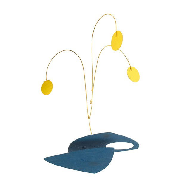 1970s mobile, in the style of Alexander Calder: 1970s mobile, in the style of Alexander Calder, two flat blue elements (one pierced by a large cutout) rotate independently and are suspended by painted yellow wire sections with three flat yellow dis