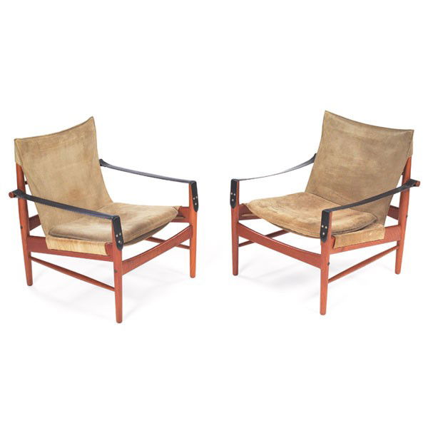 Hans Olsen lounge chairs, pair, by Viskadalens Mob: Hans Olsen lounge chairs, pair, by Viskadalens Mobelindustri, Sweden, teak frames with original black leather armrests and original suede sling seats and seat cushion, each with branded maker's mark,