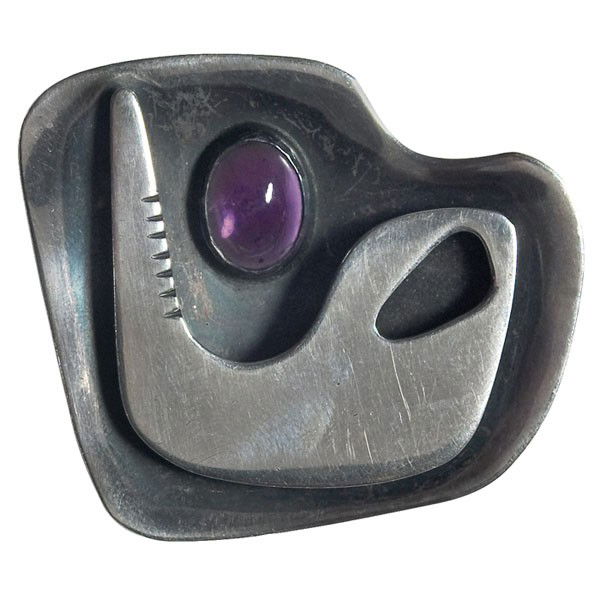 Ed Wiener pin, sterling and amethyst: Ed Wiener pin, sterling and amethyst, stamped "Ed Weiner Sterling", 2 1/8"w x 2"h, very good original condition