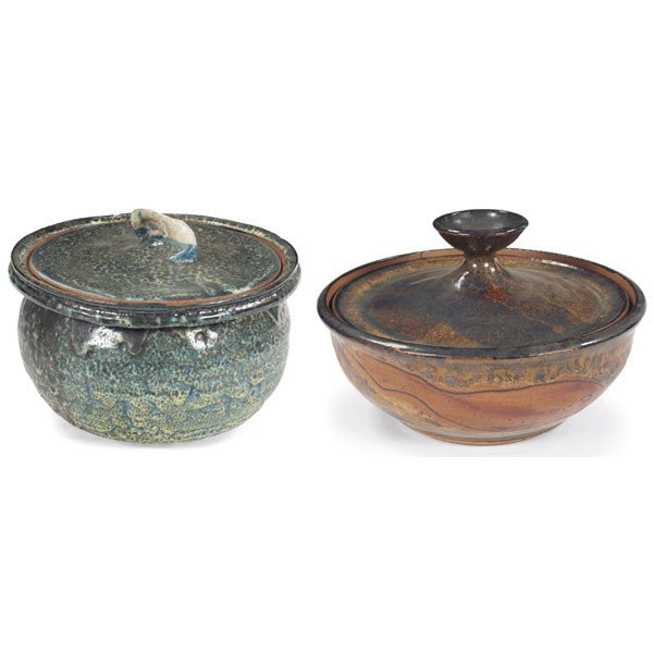 Edna Arnow covered casseroles: Edna Arnow covered casseroles, two, stoneware with multi-toned high-glaze, one with hand-built lid, 9.5"dia. x 7.5"h, unsigned, one with large round handle with steam vent to center, firing crack to r