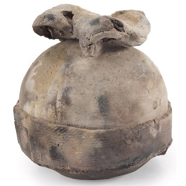 Paul Soldner stoneware vessel: Paul Soldner stoneware vessel, slab-built and raku-fired form, signed on bottom, dated indistinctly, 10"dia. x 11"h, excellent condition