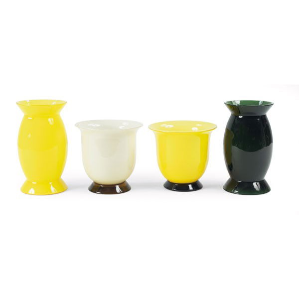 Alessandro Mendini vases, four, Murano, Italy: Alessandro Mendini vases, four, Murano, Italy, one each in cream and black, two yellow, all with "Venini Murano Made in Italy" clear decal and engraved marks to bottom, 4.5"dia. x 4.5"h and 3.5"dia. x