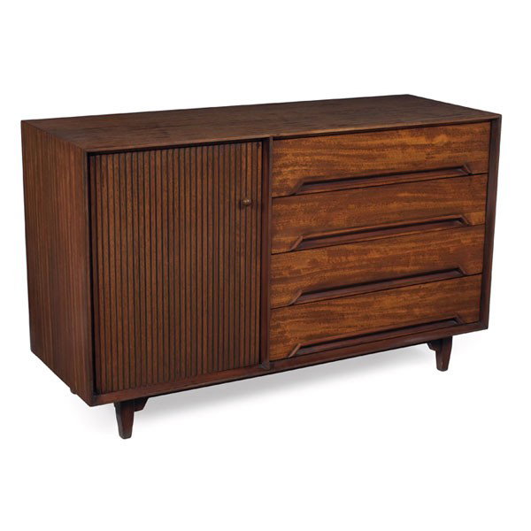 Milo Baughman "Perspective" cabinet, by Drexel: Milo Baughman "Perspective" cabinet, by Drexel, primavera wood, one ribbed door with the original copper ball pull, four drawers with carved pulls, signed with Drexel branded mark, stenciled mark "Per