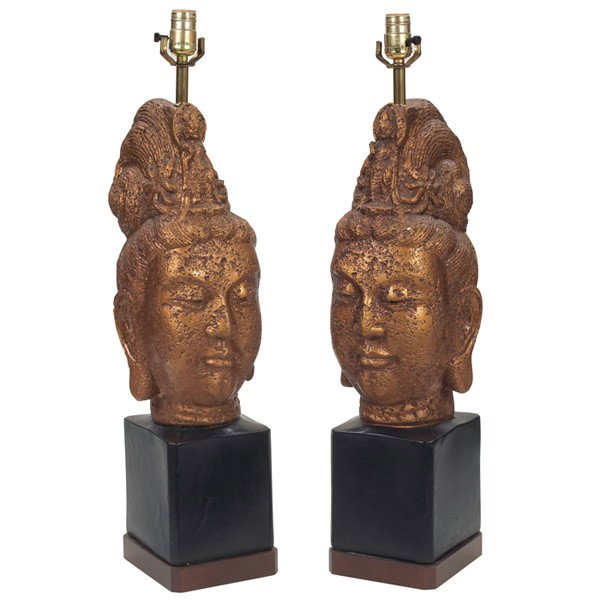 James Mont style Buddha table lamps, pair, attribu: James Mont style Buddha table lamps, pair, attribution, USA, gold painted plaster forms over wood bases, bases: 25"h, shades not included, very good original condition