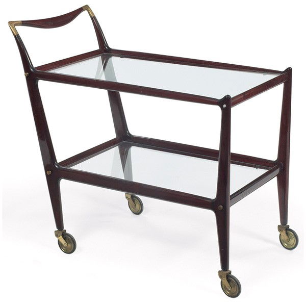 Cesare Lacca tea cart, attribution, Italy: Cesare Lacca tea cart, attribution, Italy, walnut frame with brass hardware, two glass shelves, castors, 18"w x 32"d x 32"h, one replaced bolt, very good original condition