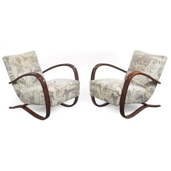 Jindrich Halabala lounge chairs, pair, by United A: Jindrich Halabala lounge chairs, pair, by United Arts and Crafts Manufacture, Czechoslovakia, 1930s, bent wood frames, upholstered seats, 28"w x 34.5"d x 29"h, refinished, tear to one seat, very good 