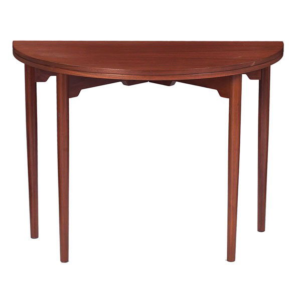 Hans Wegner folding/console table, by Fritz Hansen: Hans Wegner folding/console table, by Fritz Hansen, teak, round top opens to expose brass hinges, leg swivels to support the expanded top, original finish, folded: 37"w x 19"d x 28"h, crack to support