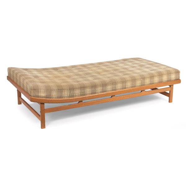 Georg Jensen daybed, possibly by Borge Mogensen: Georg Jensen daybed, possibly by Borge Mogensen, 1967, oak, decorative stretcher design, subtle curve to frame at headrest, original upholstered cushion, "Georg Jensen 667 Fifth Ave., NY" label, "Moln