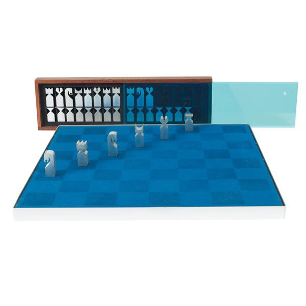 Austin Cox chess set, by Alcoa: Austin Cox chess set, by Alcoa, 1966, solid aluminum chess pieces in a wall-mountable walnut box with clear blue Plexiglas sliding door, with the matching chess board with original blue felt and alumi