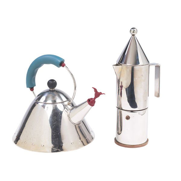 Michael Graves tea kettle, by Alessi: Michael Graves tea kettle, by Alessi, bird whistle, with an Aldo Rossi La Conica espresso pot, by Alessi, copper bottom, both stainless, both marked "Alessi Inox 18/10 Italy", kettle: 10"w x 9.5"h, po